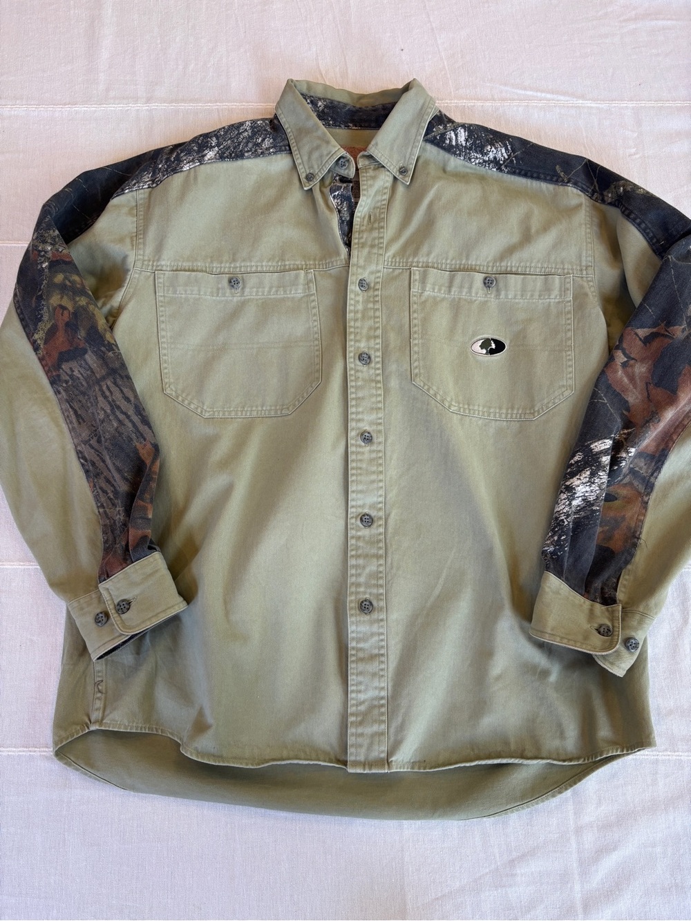 Vintage Mossy Oak Open Range Shirt Men’s Large Olive Green Camo Yoke Long Sleeve